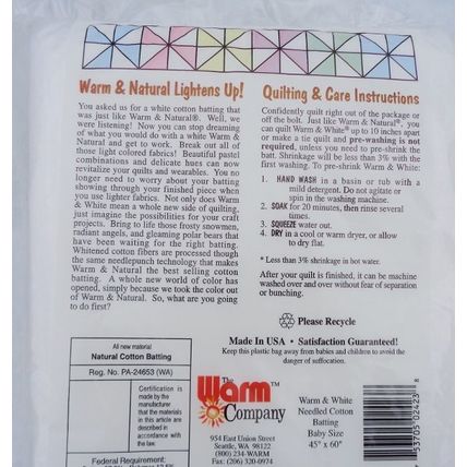 Warm and White Needle Cotton Batting Baby Size 45x60 Crib Small