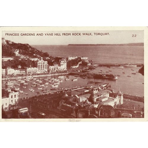 Vintage Sepia Postcard Princess Gardens & Vane Hill Torquay Devon Sea Harbour