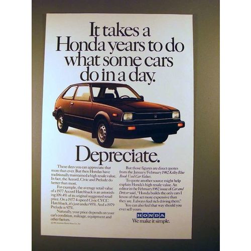 1982 Honda Car Ad - Takes Years To Depreciate!