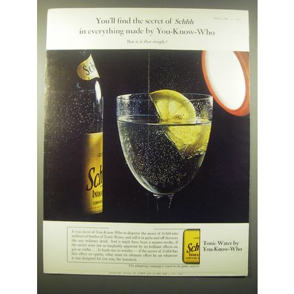 1965 Schweppes Tonic Water Ad - You'll find the secret of Schhh in everything