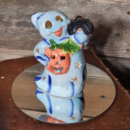 Whimsical Happy Ghost w/ Jack o' Lantern & Bat Votive Candle Holder - #1