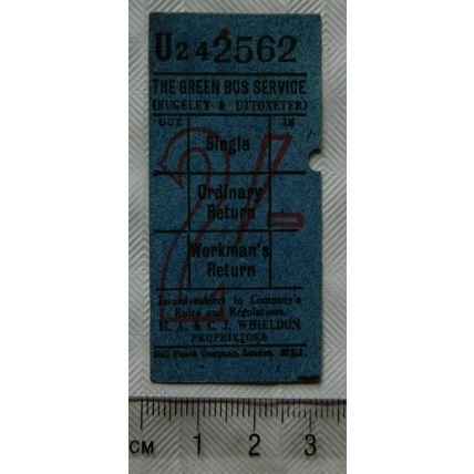 Vintage: ticket The Green Bus Service 2/- Rugeley & Uttoxeter