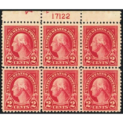 554, Mint VF NH 2¢ Plate Block of Six With Star SCV $97.50 * Stuart Katz