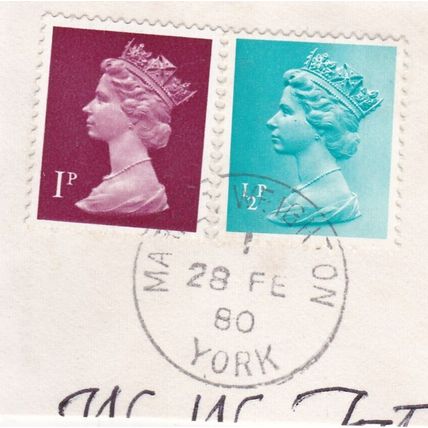 GB 1980 Machin 1p+0.5p FU SG x841+x846 Market Weighton cancel on piece VGC