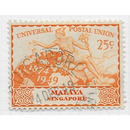 SINGAPORE MALAYA 1949 KG6 UNIVERSAL POSTAL UNION UPU USED 25c SG35 35 SG