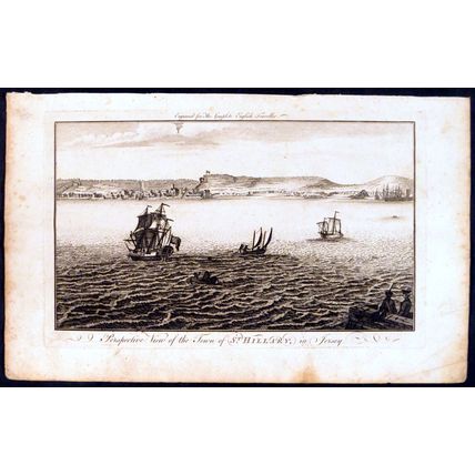 PERSPECTIVE VIEW OF THE TOWN OF ST. HILLARY, IN JERSEY 1771 ANTIQUE ENGRAVING