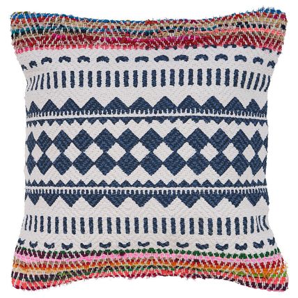 18" X 18" Blue White Red And Yellow 100% Cotton Striped Zippered Pillow