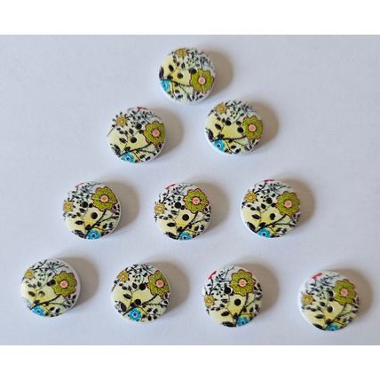 10 Flower Pattern Two Hole Wooden Round Buttons Size 15mm Greens, Yellow
