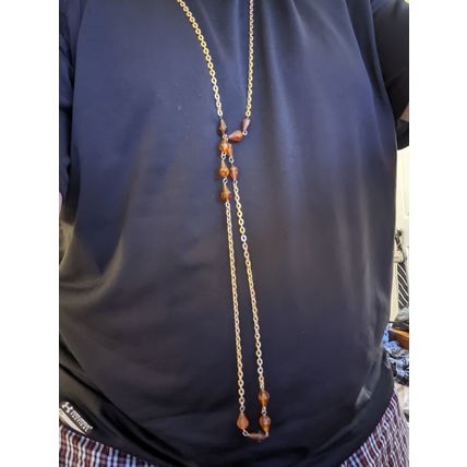 Vintage Gold-Tone Chain Necklace with Amber Beads and Y-Style Design, 32 Inches