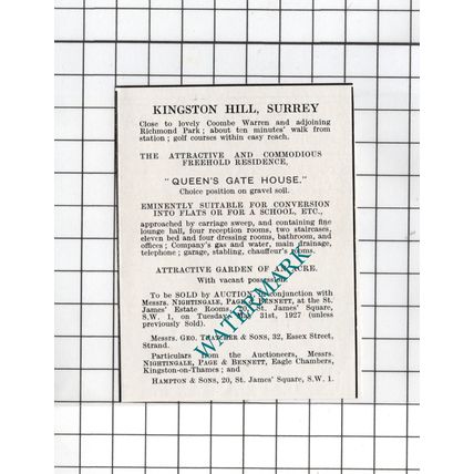 Queen's Gate House Kingston Hill Surrey - 1927 Small House Sale Advert