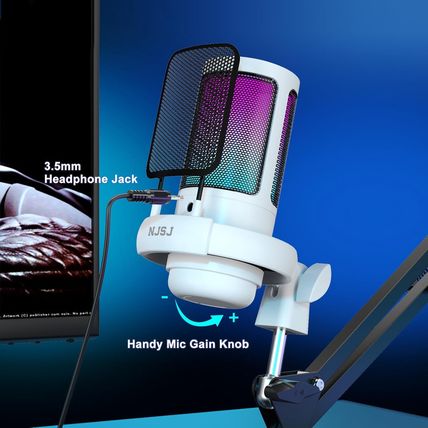 NJSJ USB Gaming Microphone for PC, Condenser Mic with Boom Arm for PS4/ PS5/ Mac