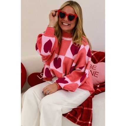 Pink Plus Size Love Heart Block Mock Neck Lantern Sleeve Valentine Sweater