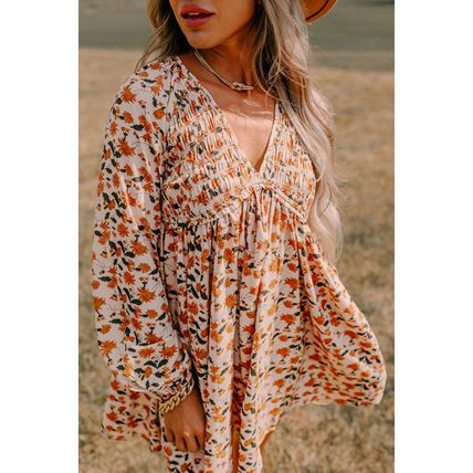 Beige Floral Deep V Neck Smocked Bust Bubble Sleeve Babydoll Dress