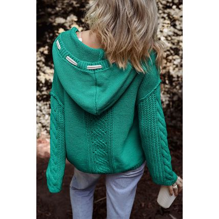 Sea Green Cable Knit V Neck Contrast Drawstring Hooded Sweater
