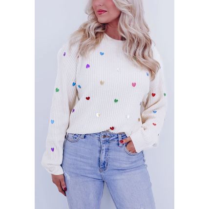 Beige Sequin Heart Shape Waffle Knit Round Neck Sweater