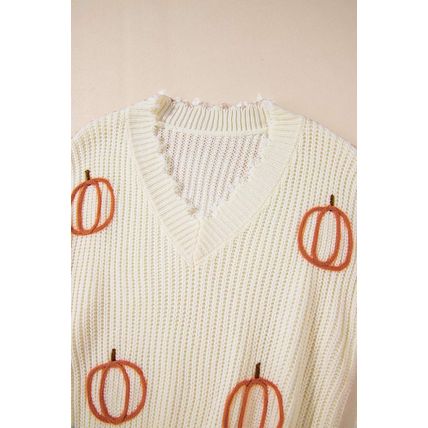 Beige Cable Knit Pumpkin Raw Hem V Neck Loose Sweater