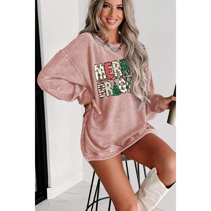 Pink MERRY and BRIGHT Christmas Tree Print Ribbed Sweatshirt