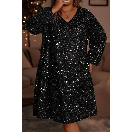 Color black Plus Size Bubble Sleeve V Neck Sequin Dress
