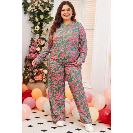 Green Plus Size Printed Long Sleeve and Pants Lounge Set