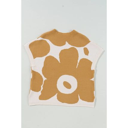 Camel Big Flower Pattern Stand Neck Short Sleeve Sweater