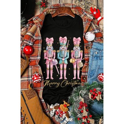 Black Nutcracker Merry Christmas Printed Crewneck T Shirt