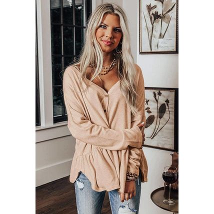 Jet Stream Solid Ruffled Buttoned V Neck Shirt