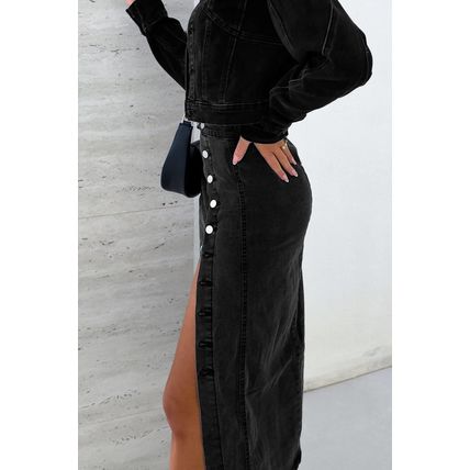 Black Button Fly Side Split High Waist Denim Midi Skirt