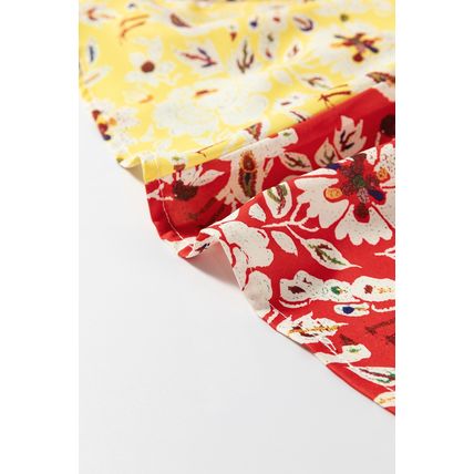 Red Colorful Floral Patchwork Long Sleeve Pleated Mini Dress