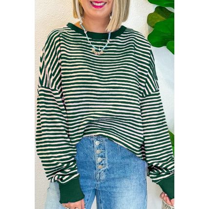Green Stripe Loose Drop Shoulder Long Sleeve Top