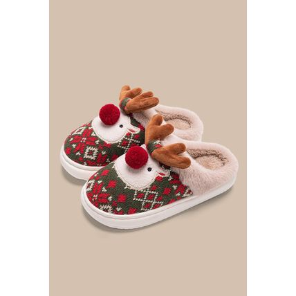 Dark Green Christmas Cartoon Reindeer Plush Home Slippers