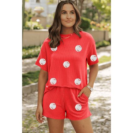 Orange Baseball Patched Twisted Rib T Shirt and Shorts Set
