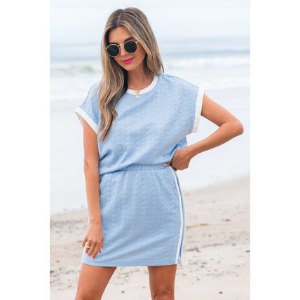 Beau Blue Contrast Trim Textured Crewneck Tee and Pocketed Skirt Set