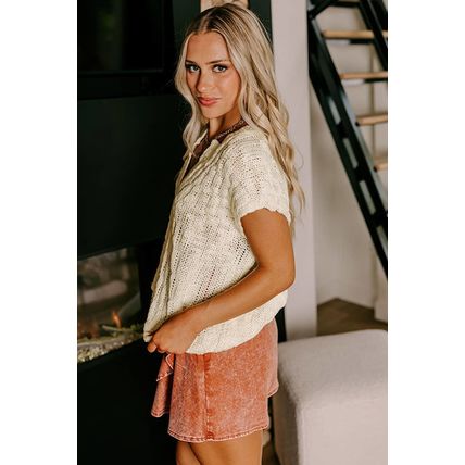 Beige Notched V Neck Short Sleeve Sweater