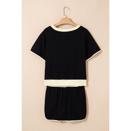 Black Sequin Rugby Football Bow Patched Colorblock Edge Tee and Skort Set