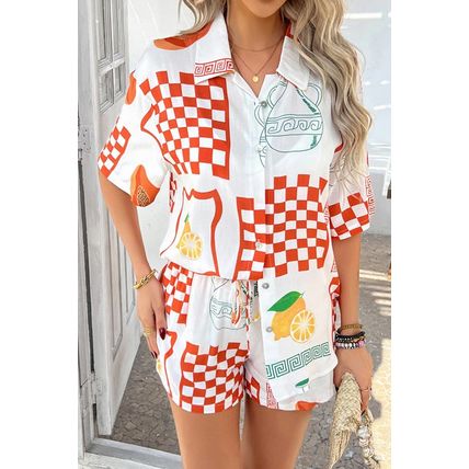 Orange Vacation Printed Loose Shirt and Drawstring Shorts Set