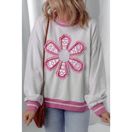 Gray Flower Patch Contrast Trim Crew Neck Sweatshirt
