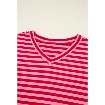 Strawberry Pink Mix Striped Drop Shoulder Patchwork Sleeve V Neck Pullover