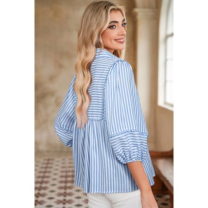 Sky Blue Stripe Shirt Collar V Neck Ricrac Trim 3/4 Puff Sleeve Blouse