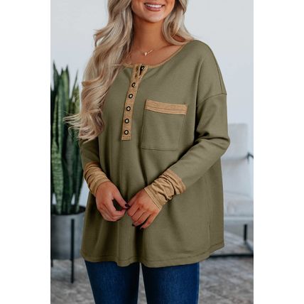 Vineyard Green Color Block Waffle Textured Tunic Henley Top with Slits