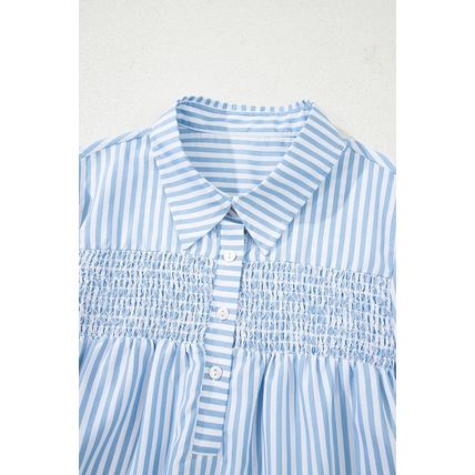 Sky Blue Stripe Shirred Detail Half Placket Collared Long Sleeve Fall Shirt