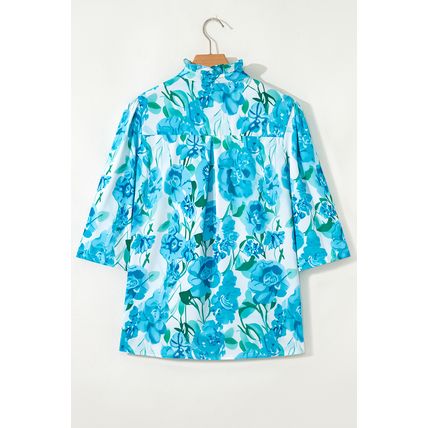 Green Floral Frilled Collar Three Quarters Sleeve Elegant Shirt