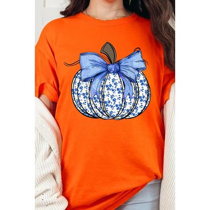 Orange Floral Pumpkin Bow Print Thanksgiving T Shirt