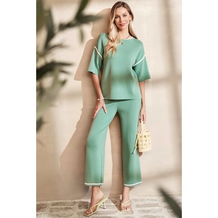 Canton Contrast Trim Half Sleeve Top Drawstring Pants Loose 2pcs Sweater Suit