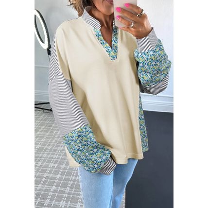 Beige Floral Striped Drop Sleeve Collared Boxy Fit Sweatshirt
