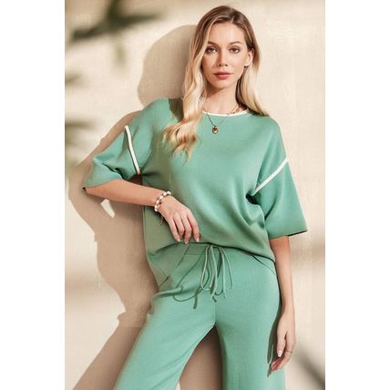 Canton Contrast Trim Half Sleeve Top Drawstring Pants Loose 2pcs Sweater Suit