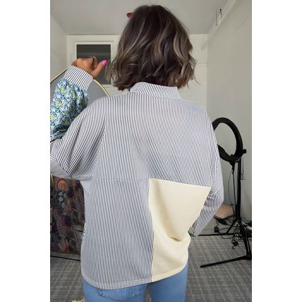 Beige Floral Striped Drop Sleeve Collared Boxy Fit Sweatshirt