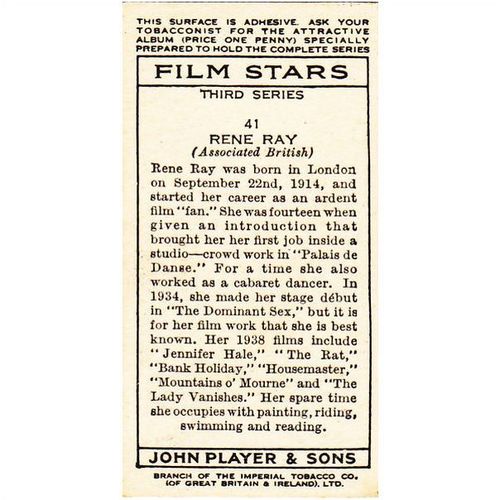 Players Film Stars 3rd Series Card No. 41 Rene Ray Cigarette Card