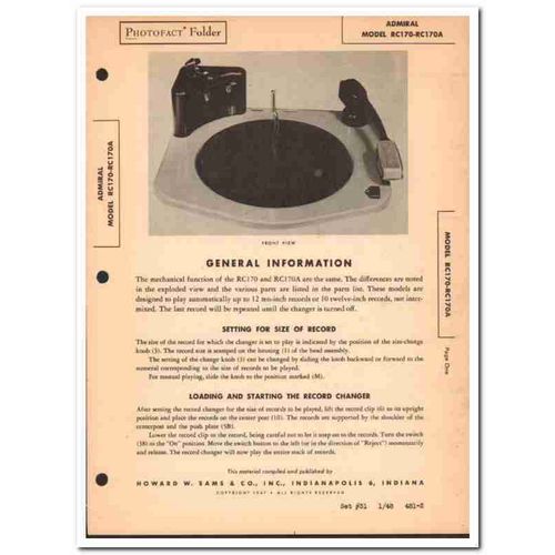 admiral model rc170 rc170a record changer phono sams photofact manual