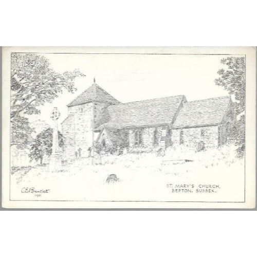 Bepton, W Sussex - St. Mary's Church - art postcard c.1960s