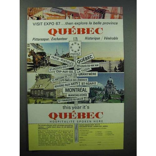 1967 Quebec Canada Tourism Ad - Visit Expo 67